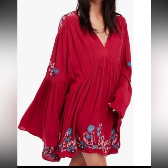 Free People Te Amo Red Embroidered Babydoll Mini Dress Sz Large - Picture 13 of 15